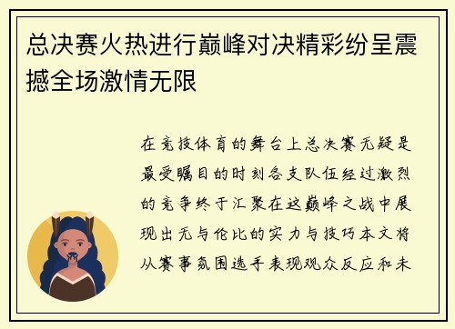 总决赛火热进行巅峰对决精彩纷呈震撼全场激情无限