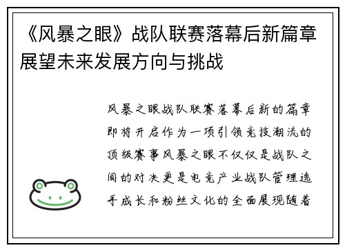 《风暴之眼》战队联赛落幕后新篇章展望未来发展方向与挑战