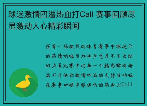 球迷激情四溢热血打Call 赛事回顾尽显激动人心精彩瞬间