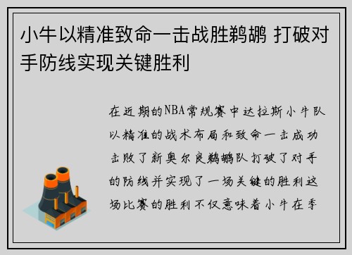小牛以精准致命一击战胜鹈鹕 打破对手防线实现关键胜利
