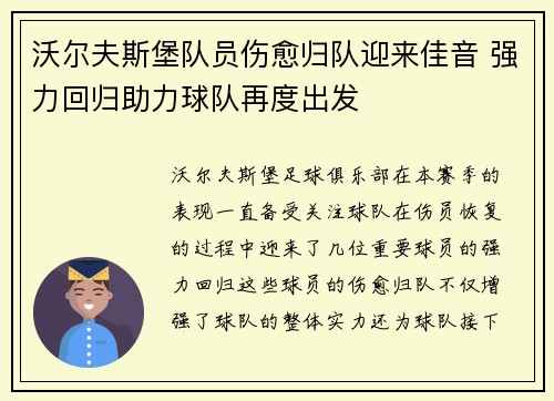 沃尔夫斯堡队员伤愈归队迎来佳音 强力回归助力球队再度出发