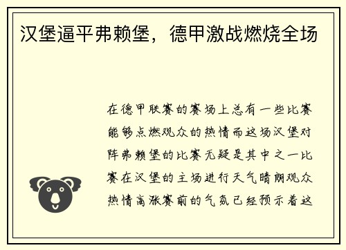 汉堡逼平弗赖堡，德甲激战燃烧全场