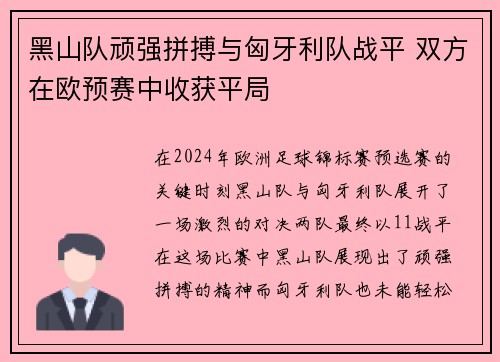 黑山队顽强拼搏与匈牙利队战平 双方在欧预赛中收获平局