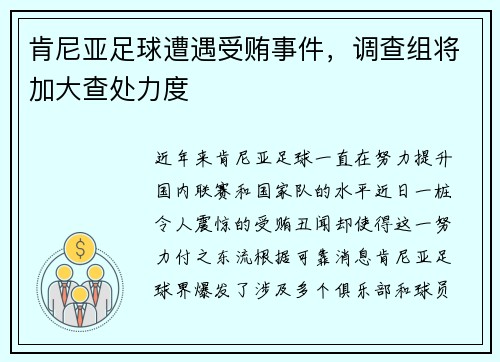 肯尼亚足球遭遇受贿事件，调查组将加大查处力度