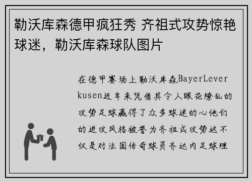 勒沃库森德甲疯狂秀 齐祖式攻势惊艳球迷，勒沃库森球队图片