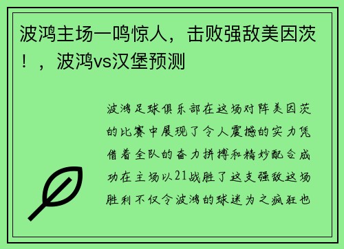 波鸿主场一鸣惊人，击败强敌美因茨！，波鸿vs汉堡预测