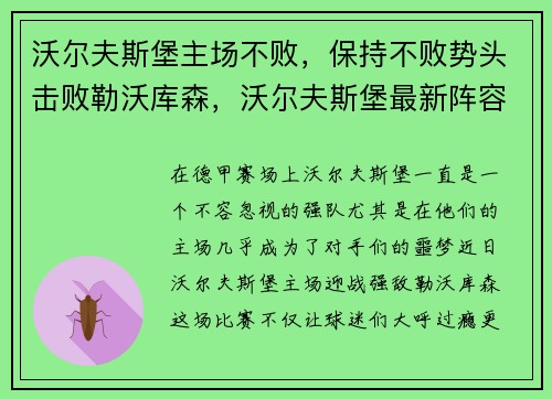 沃尔夫斯堡主场不败，保持不败势头击败勒沃库森，沃尔夫斯堡最新阵容