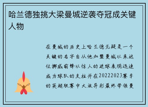 哈兰德独挑大梁曼城逆袭夺冠成关键人物