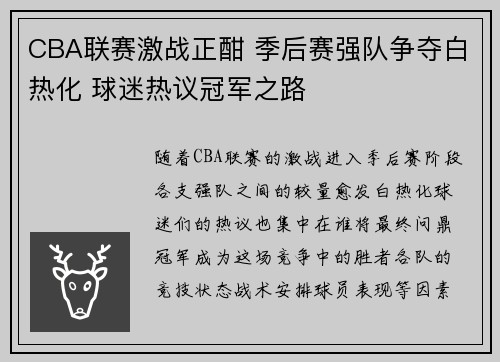 CBA联赛激战正酣 季后赛强队争夺白热化 球迷热议冠军之路