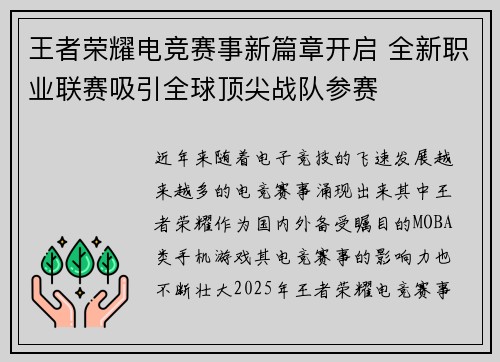 王者荣耀电竞赛事新篇章开启 全新职业联赛吸引全球顶尖战队参赛