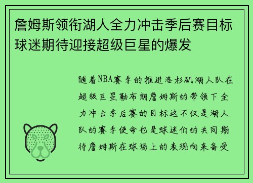 詹姆斯领衔湖人全力冲击季后赛目标球迷期待迎接超级巨星的爆发