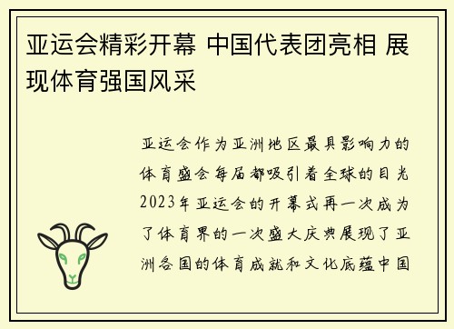 亚运会精彩开幕 中国代表团亮相 展现体育强国风采