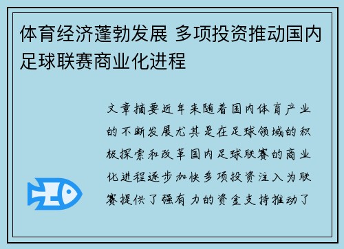 体育经济蓬勃发展 多项投资推动国内足球联赛商业化进程
